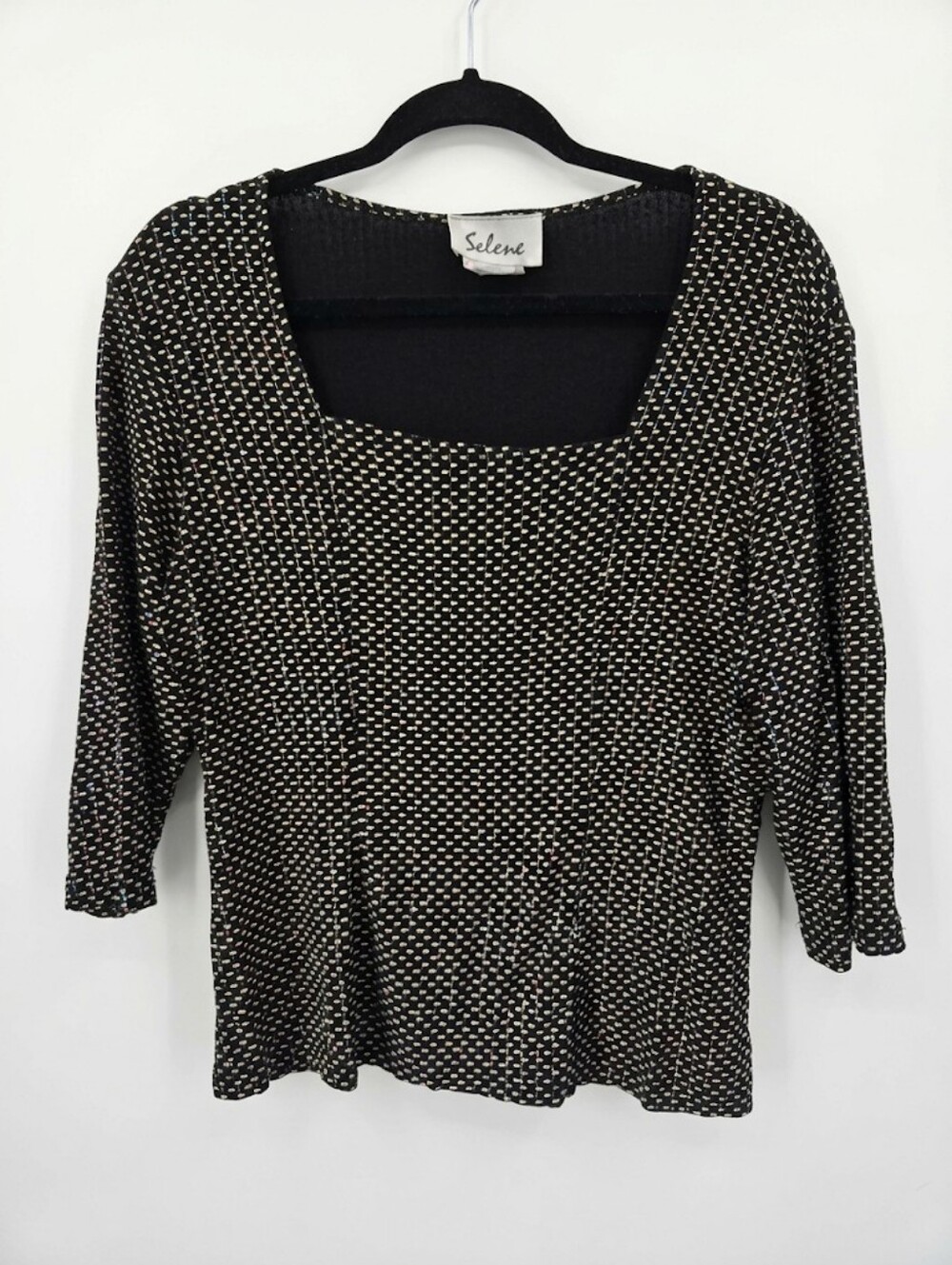 Vintage Selene Black Shimmer Square Neck Top | Size L | Made in Canada